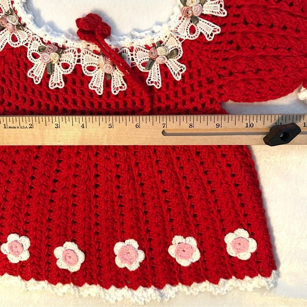 Hand & Heart Handmade Crocheted Red Baby Dress 6M Bows Flowers Appliqué Cotton